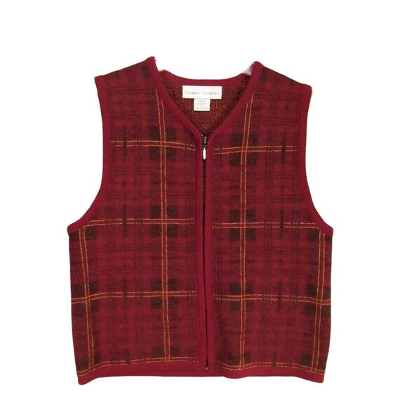 Casual Corner Sweaters - Vintage Casual Corner Women's S 100% Wool Red Tartan Plaid Sweater Vest Full-Zip